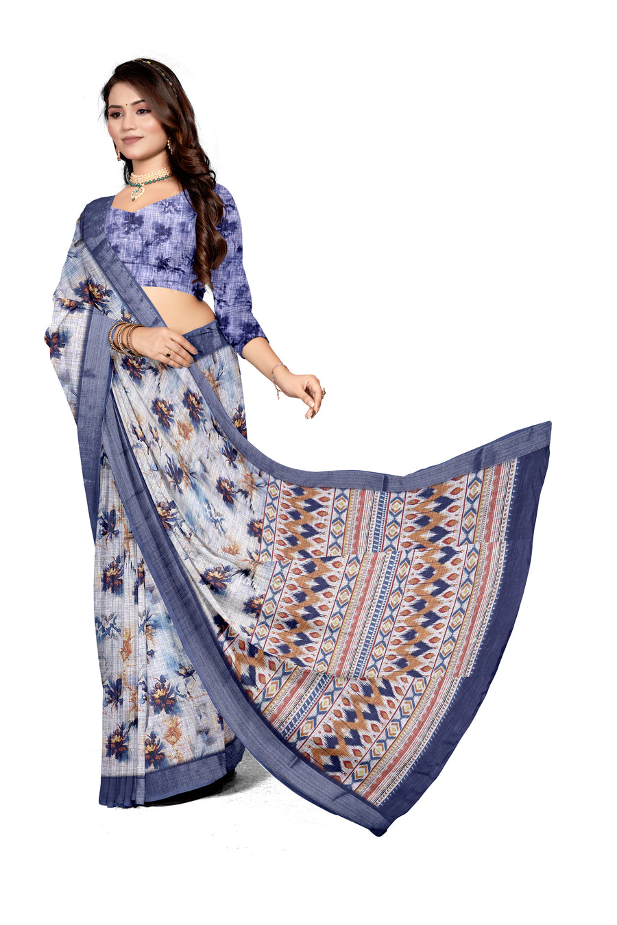 Women's Olive Paisley Printed Linen Blend Saree with Blue Border | Elegant Floral Ethnic Wear for Festive & Daily Use