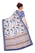 Women's Olive Paisley Printed Linen Blend Saree with Blue Border | Elegant Floral Ethnic Wear for Festive & Daily Use