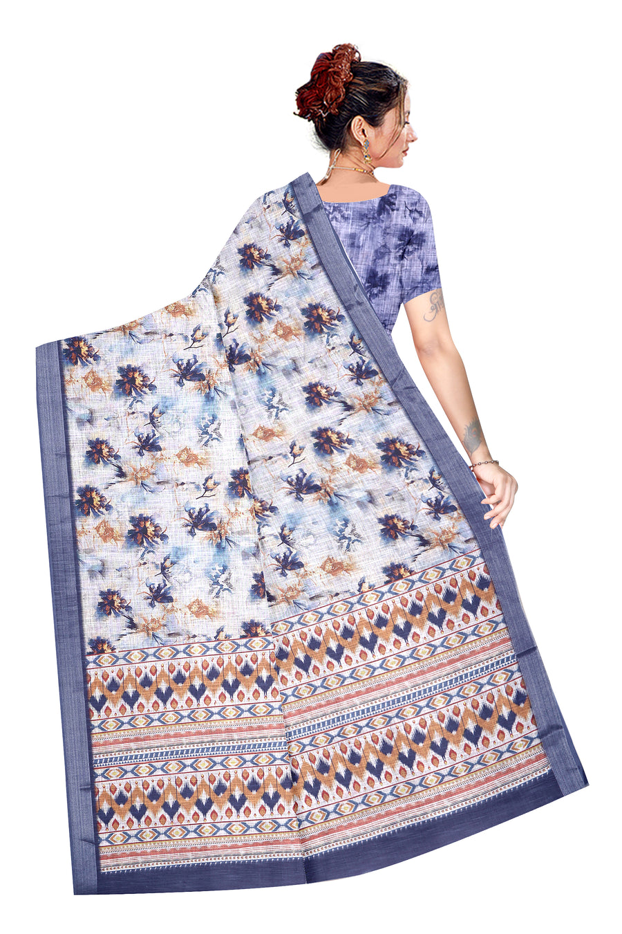 Women's Olive Paisley Printed Linen Blend Saree with Blue Border | Elegant Floral Ethnic Wear for Festive & Daily Use