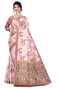 Women's Olive Paisley Printed Linen Blend Saree with Blue Border | Elegant Floral Ethnic Wear for Festive & Daily Use
