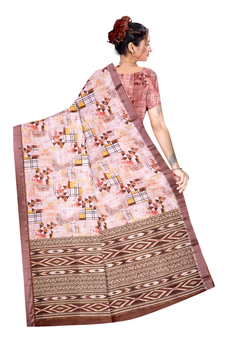Women's Olive Paisley Printed Linen Blend Saree with Blue Border | Elegant Floral Ethnic Wear for Festive & Daily Use