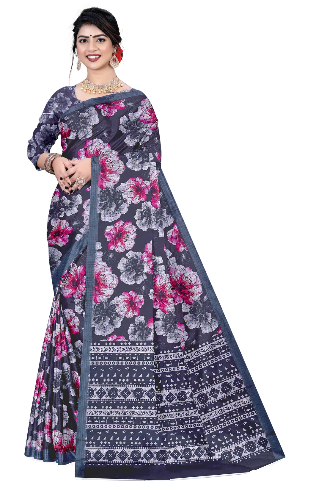 Women's Olive Paisley Printed Linen Blend Saree with Blue Border | Elegant Floral Ethnic Wear for Festive & Daily Use