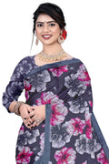 Women's Olive Paisley Printed Linen Blend Saree with Blue Border | Elegant Floral Ethnic Wear for Festive & Daily Use