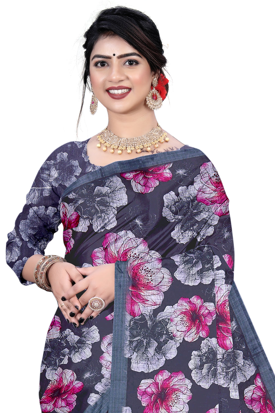 Women's Olive Paisley Printed Linen Blend Saree with Blue Border | Elegant Floral Ethnic Wear for Festive & Daily Use