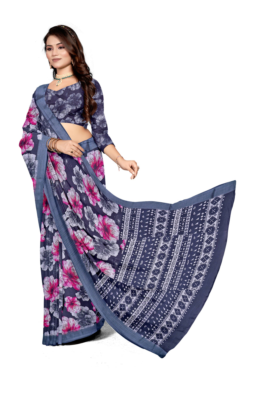 Women's Olive Paisley Printed Linen Blend Saree with Blue Border | Elegant Floral Ethnic Wear for Festive & Daily Use