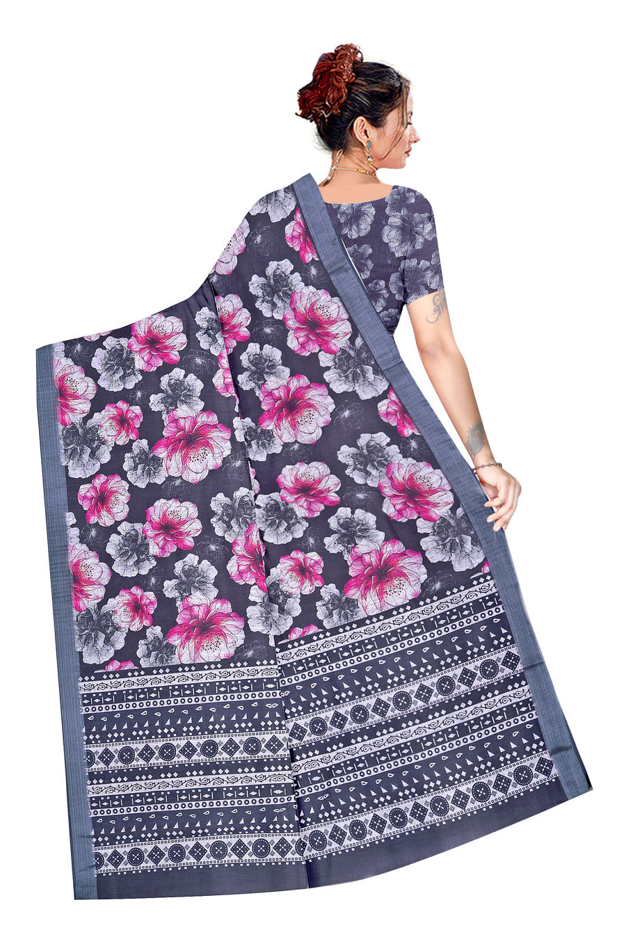Women's Olive Paisley Printed Linen Blend Saree with Blue Border | Elegant Floral Ethnic Wear for Festive & Daily Use