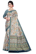 Women's Olive Paisley Printed Linen Blend Saree with Blue Border | Elegant Floral Ethnic Wear for Festive & Daily Use