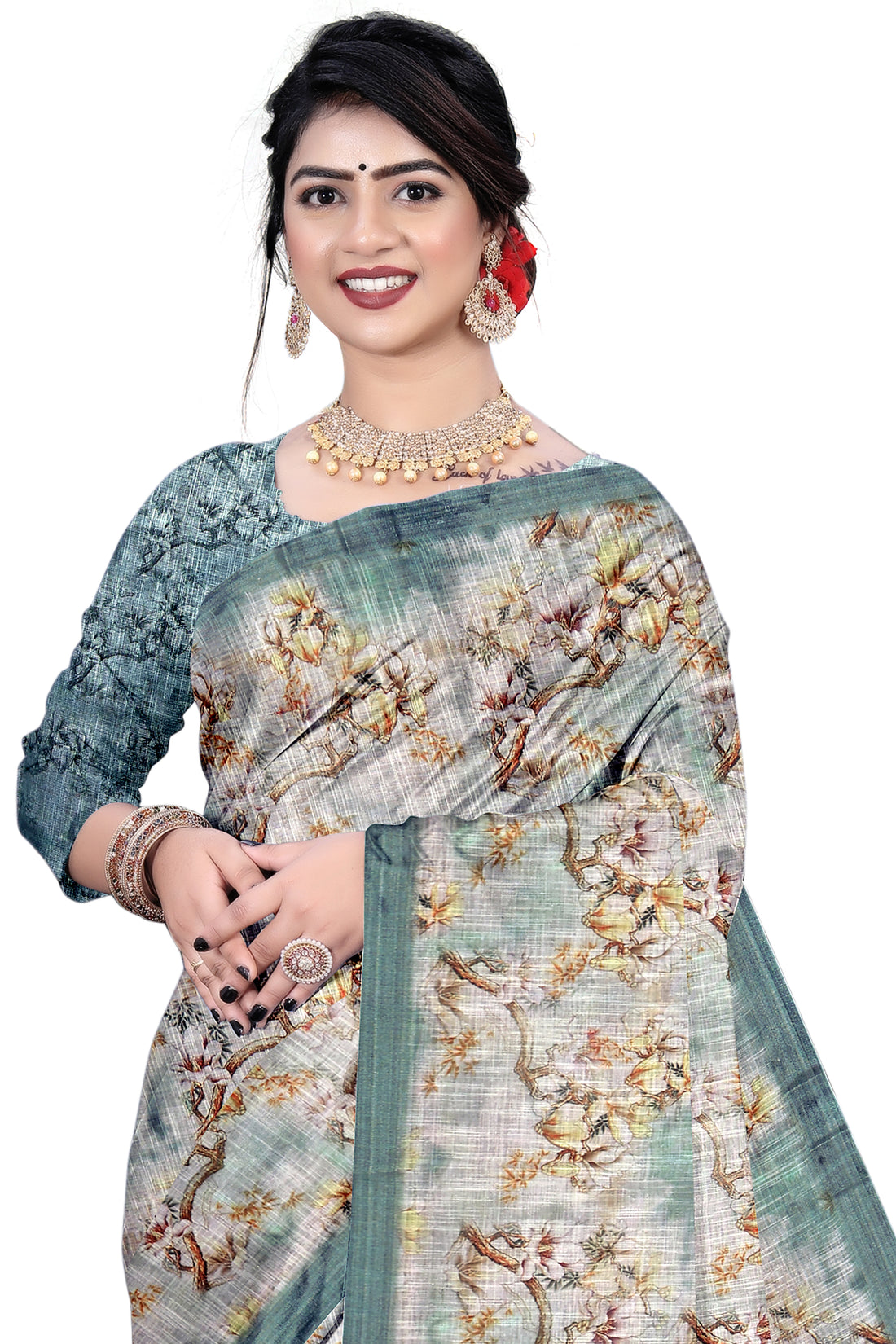 Women's Olive Paisley Printed Linen Blend Saree with Blue Border | Elegant Floral Ethnic Wear for Festive & Daily Use
