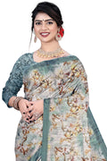 Women's Olive Paisley Printed Linen Blend Saree with Blue Border | Elegant Floral Ethnic Wear for Festive & Daily Use