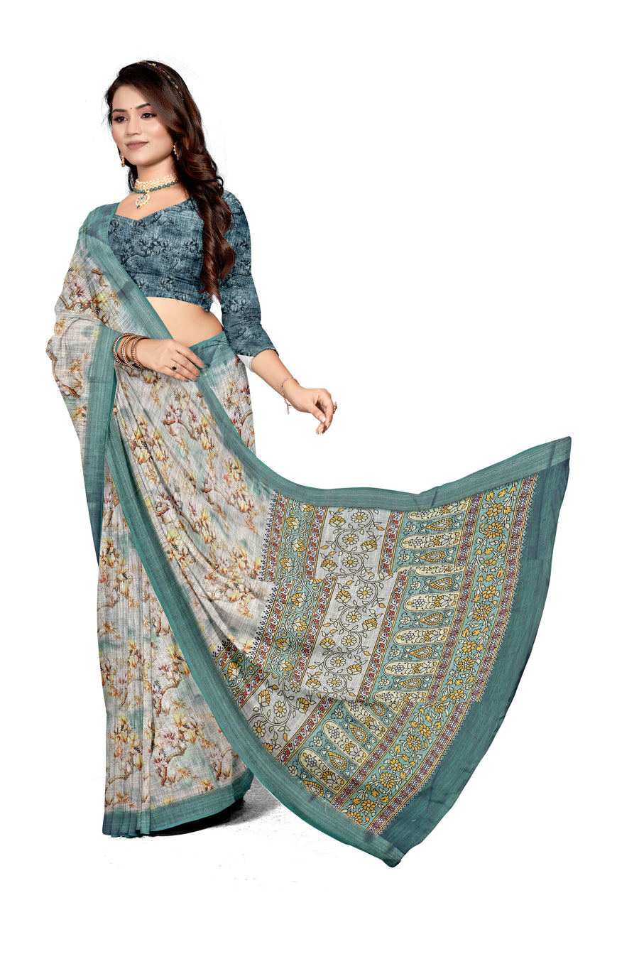 Women's Olive Paisley Printed Linen Blend Saree with Blue Border | Elegant Floral Ethnic Wear for Festive & Daily Use