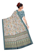 Women's Olive Paisley Printed Linen Blend Saree with Blue Border | Elegant Floral Ethnic Wear for Festive & Daily Use