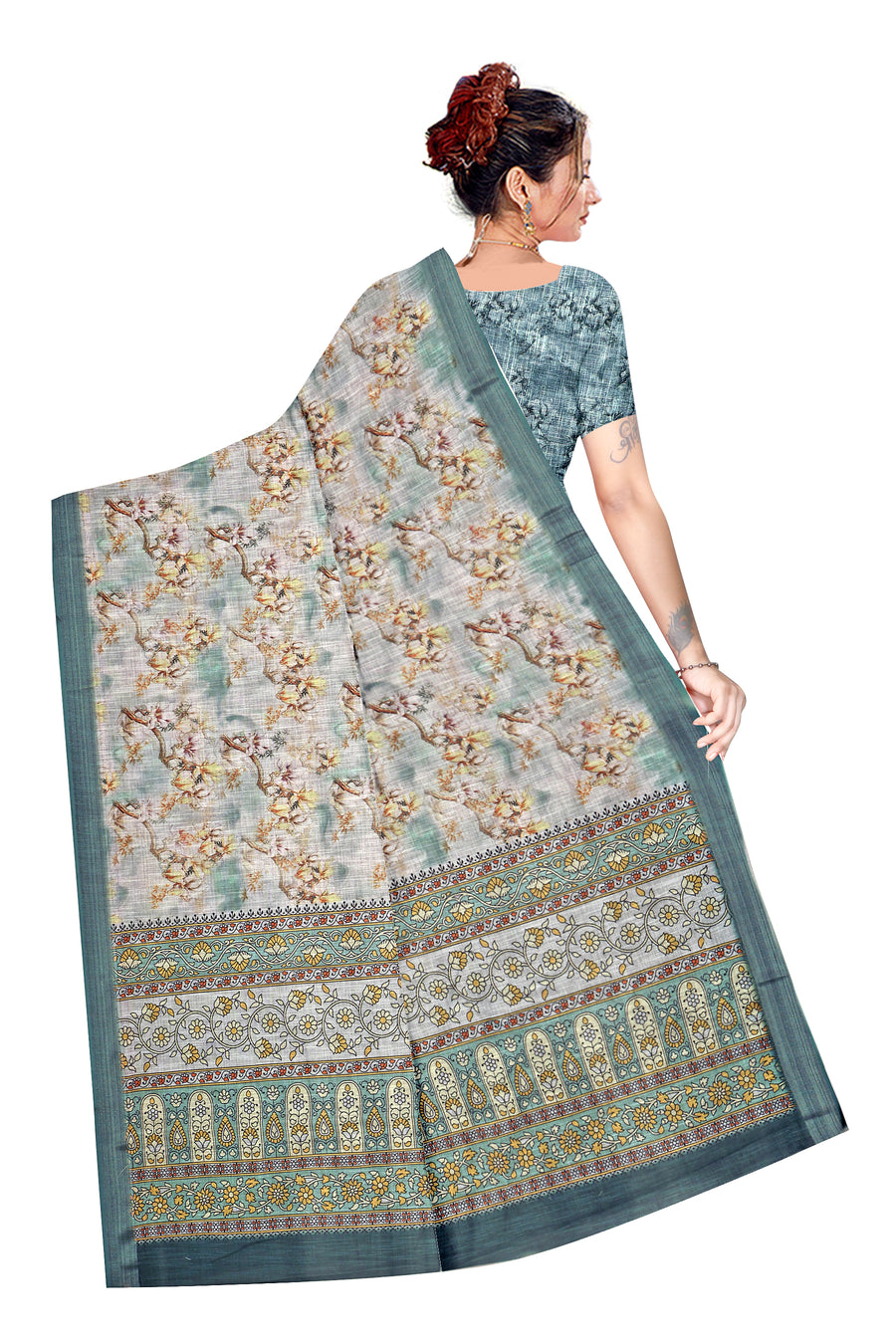 Women's Olive Paisley Printed Linen Blend Saree with Blue Border | Elegant Floral Ethnic Wear for Festive & Daily Use
