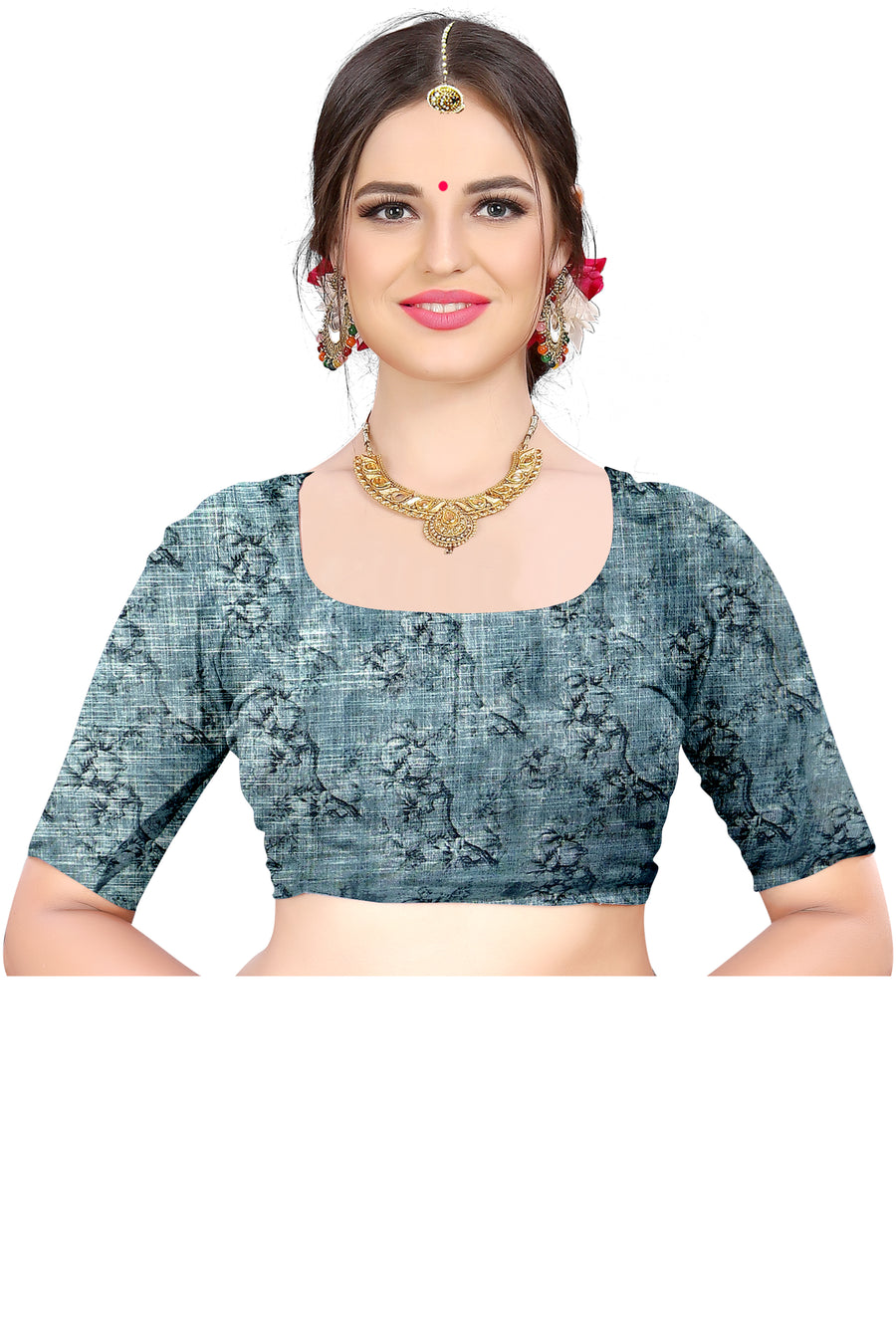 Women's Olive Paisley Printed Linen Blend Saree with Blue Border | Elegant Floral Ethnic Wear for Festive & Daily Use