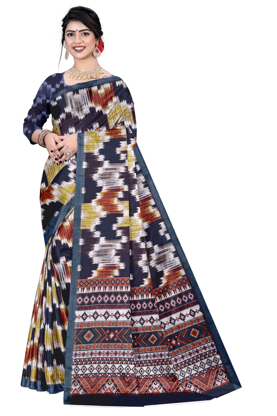 Women's Olive Paisley Printed Linen Blend Saree with Blue Border | Elegant Floral Ethnic Wear for Festive & Daily Use