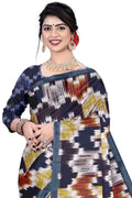 Women's Olive Paisley Printed Linen Blend Saree with Blue Border | Elegant Floral Ethnic Wear for Festive & Daily Use