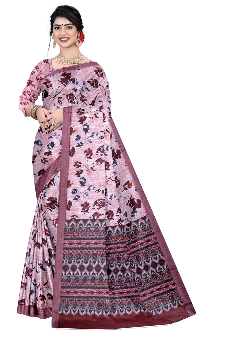 Women's Olive Paisley Printed Linen Blend Saree with Blue Border | Elegant Floral Ethnic Wear for Festive & Daily Use