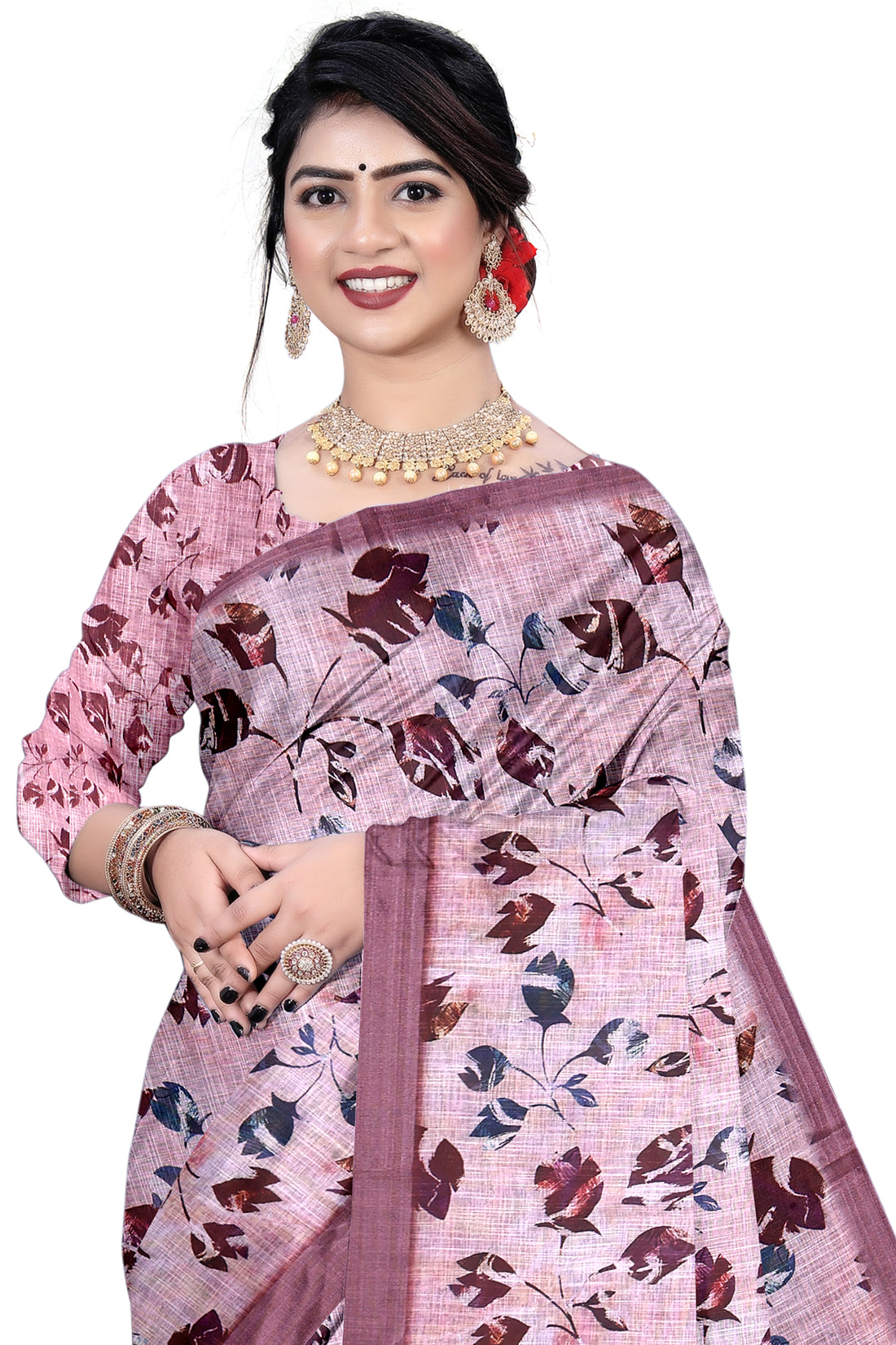 Women's Olive Paisley Printed Linen Blend Saree with Blue Border | Elegant Floral Ethnic Wear for Festive & Daily Use