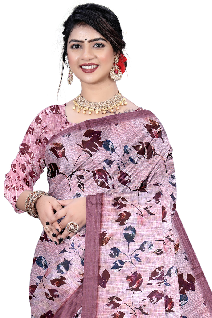Women's Olive Paisley Printed Linen Blend Saree with Blue Border | Elegant Floral Ethnic Wear for Festive & Daily Use