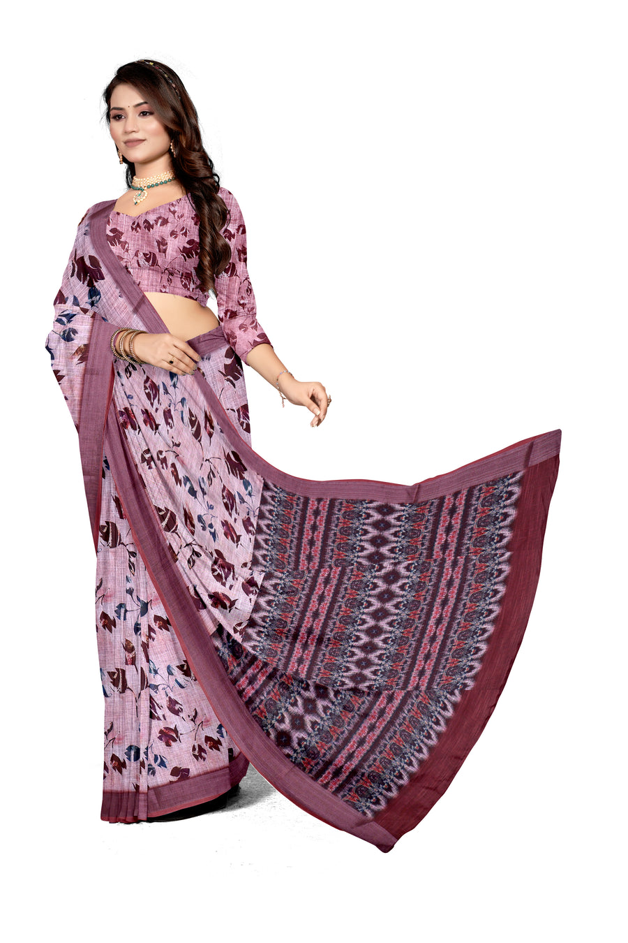 Women's Olive Paisley Printed Linen Blend Saree with Blue Border | Elegant Floral Ethnic Wear for Festive & Daily Use