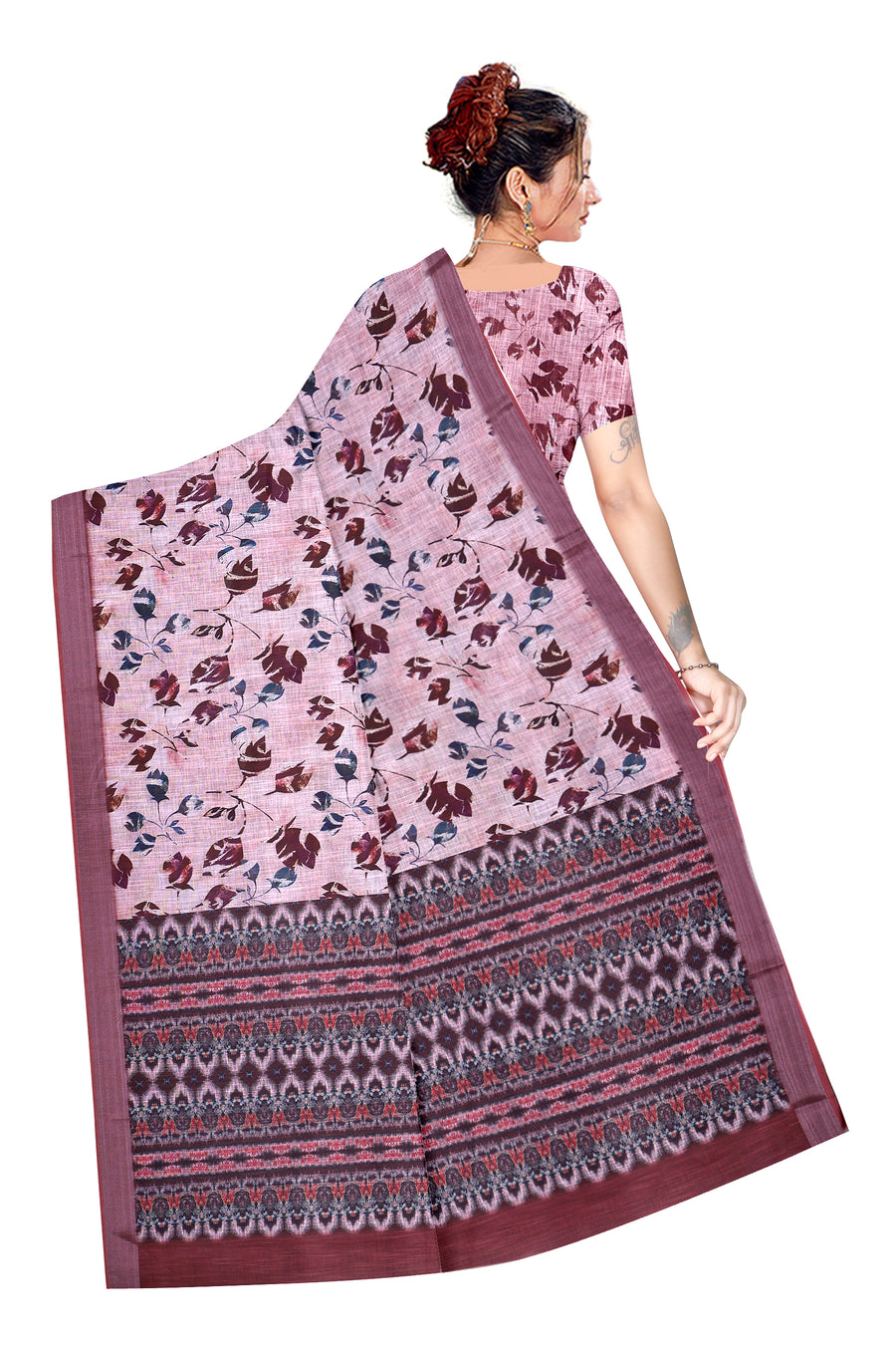 Women's Olive Paisley Printed Linen Blend Saree with Blue Border | Elegant Floral Ethnic Wear for Festive & Daily Use