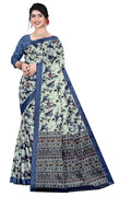 Women's Olive Paisley Printed Linen Blend Saree with Blue Border | Elegant Floral Ethnic Wear for Festive & Daily Use