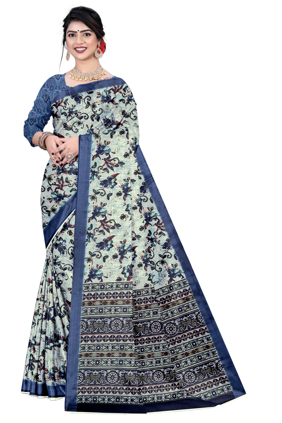 Women's Olive Paisley Printed Linen Blend Saree with Blue Border | Elegant Floral Ethnic Wear for Festive & Daily Use