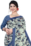 Women's Olive Paisley Printed Linen Blend Saree with Blue Border | Elegant Floral Ethnic Wear for Festive & Daily Use