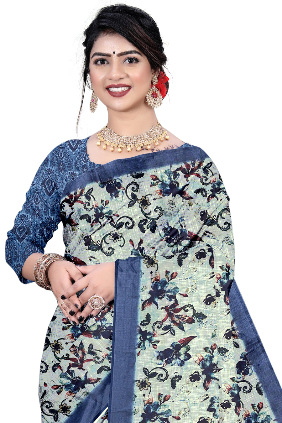 Women's Olive Paisley Printed Linen Blend Saree with Blue Border | Elegant Floral Ethnic Wear for Festive & Daily Use
