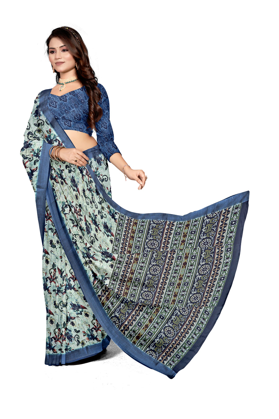 Women's Olive Paisley Printed Linen Blend Saree with Blue Border | Elegant Floral Ethnic Wear for Festive & Daily Use