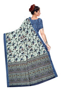 Women's Olive Paisley Printed Linen Blend Saree with Blue Border | Elegant Floral Ethnic Wear for Festive & Daily Use