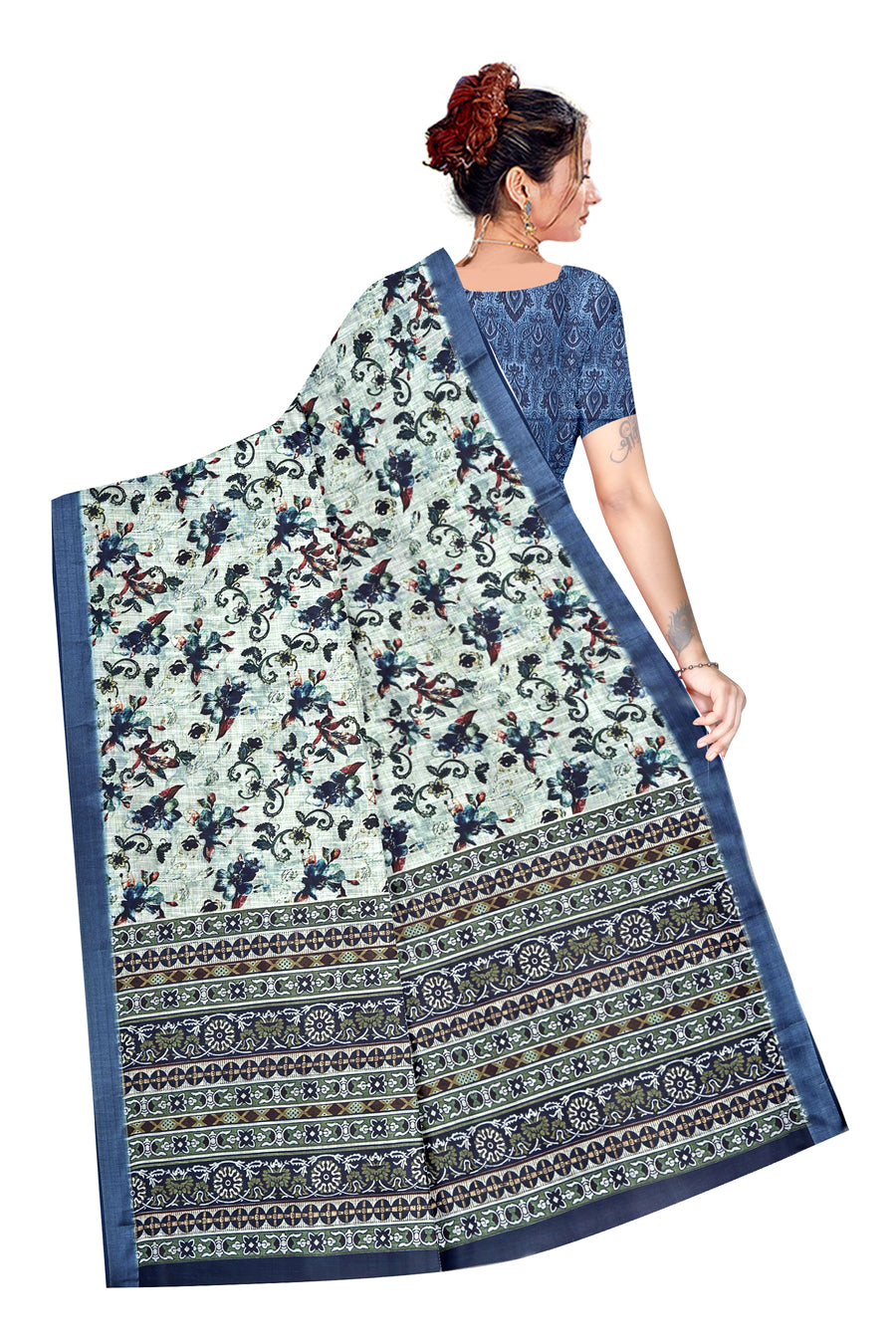 Women's Olive Paisley Printed Linen Blend Saree with Blue Border | Elegant Floral Ethnic Wear for Festive & Daily Use