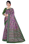 Women's Olive  Paisley Printed Linen Blend Saree with Blue Border | Elegant Floral Ethnic Wear for Festive & Daily Use