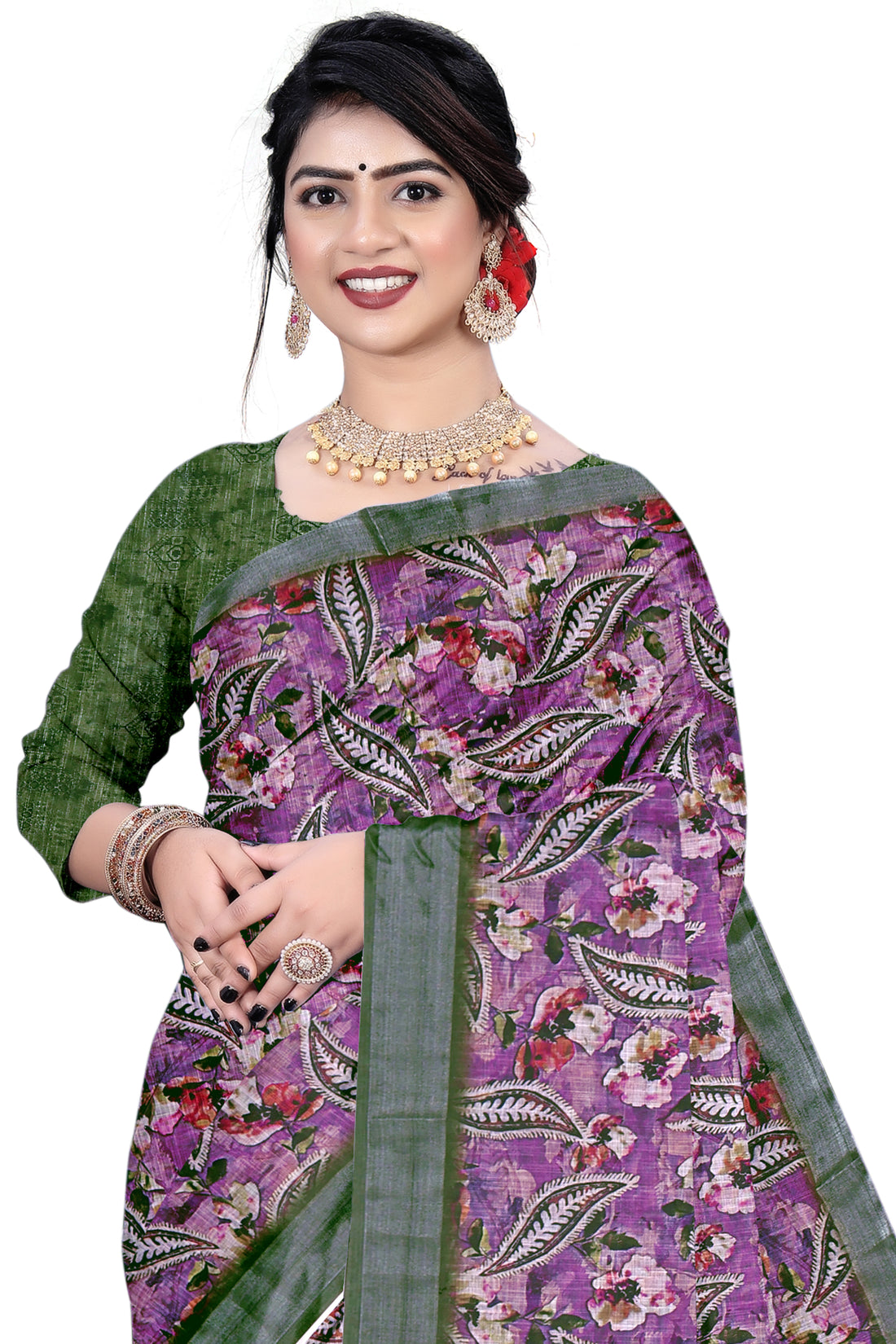 Women's Olive  Paisley Printed Linen Blend Saree with Blue Border | Elegant Floral Ethnic Wear for Festive & Daily Use