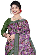 Women's Olive  Paisley Printed Linen Blend Saree with Blue Border | Elegant Floral Ethnic Wear for Festive & Daily Use