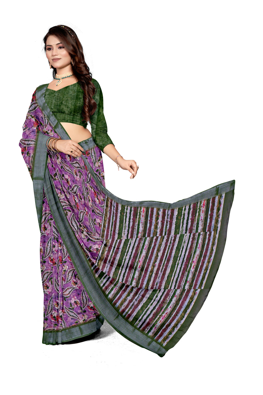 Women's Olive  Paisley Printed Linen Blend Saree with Blue Border | Elegant Floral Ethnic Wear for Festive & Daily Use