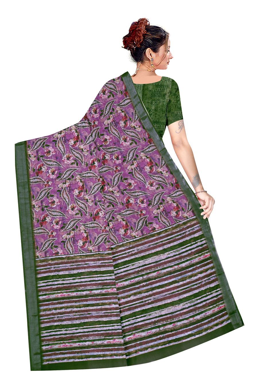 Women's Olive  Paisley Printed Linen Blend Saree with Blue Border | Elegant Floral Ethnic Wear for Festive & Daily Use