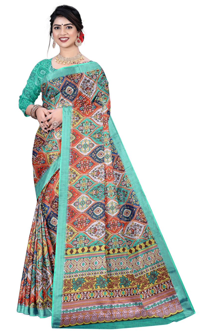 Women's Olive Paisley Printed Linen Blend Saree with Blue Border | Elegant Floral Ethnic Wear for Festive & Daily Use