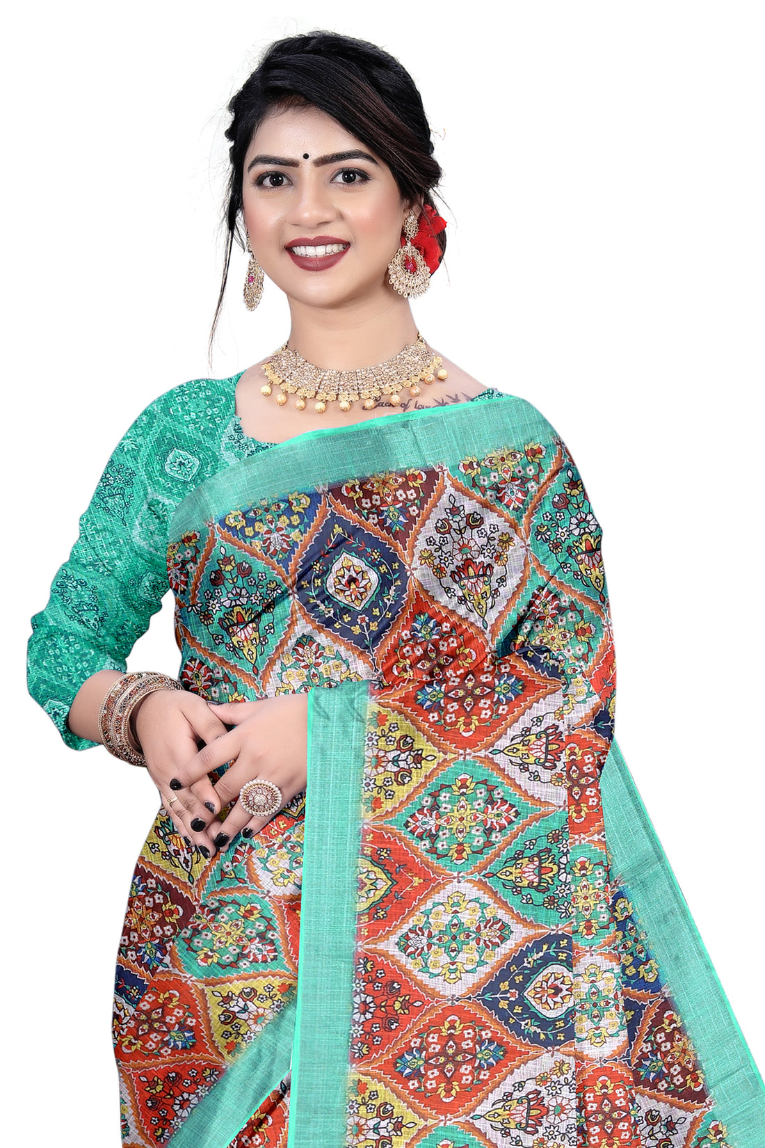 Women's Olive Paisley Printed Linen Blend Saree with Blue Border | Elegant Floral Ethnic Wear for Festive & Daily Use