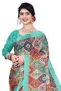Women's Olive Paisley Printed Linen Blend Saree with Blue Border | Elegant Floral Ethnic Wear for Festive & Daily Use