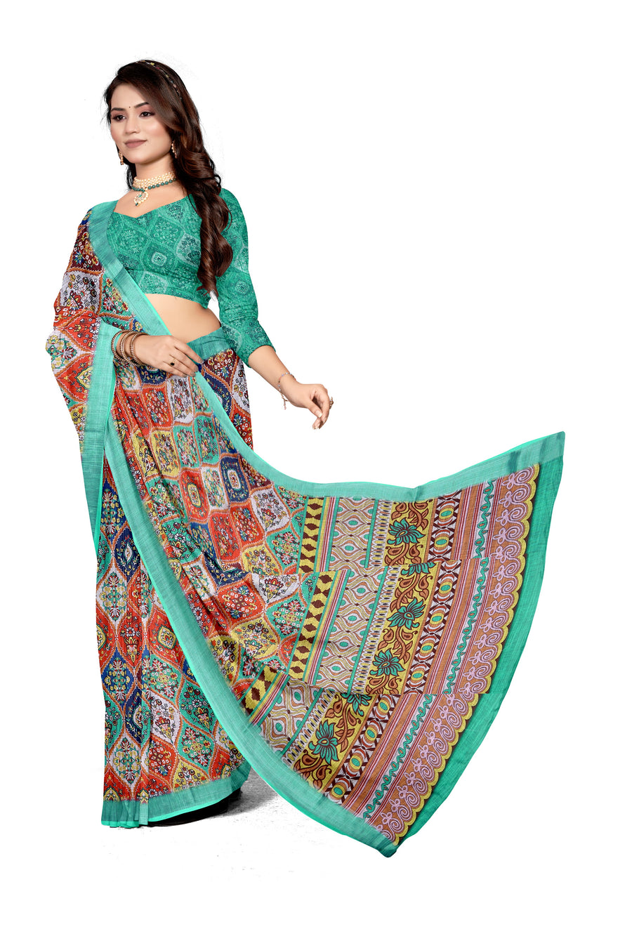 Women's Olive Paisley Printed Linen Blend Saree with Blue Border | Elegant Floral Ethnic Wear for Festive & Daily Use
