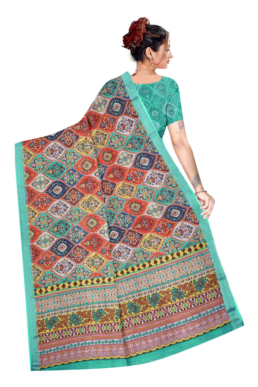 Women's Olive Paisley Printed Linen Blend Saree with Blue Border | Elegant Floral Ethnic Wear for Festive & Daily Use