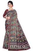 Women's Olive Paisley Printed Linen Blend Saree with Blue Border | Elegant Floral Ethnic Wear for Festive & Daily Use