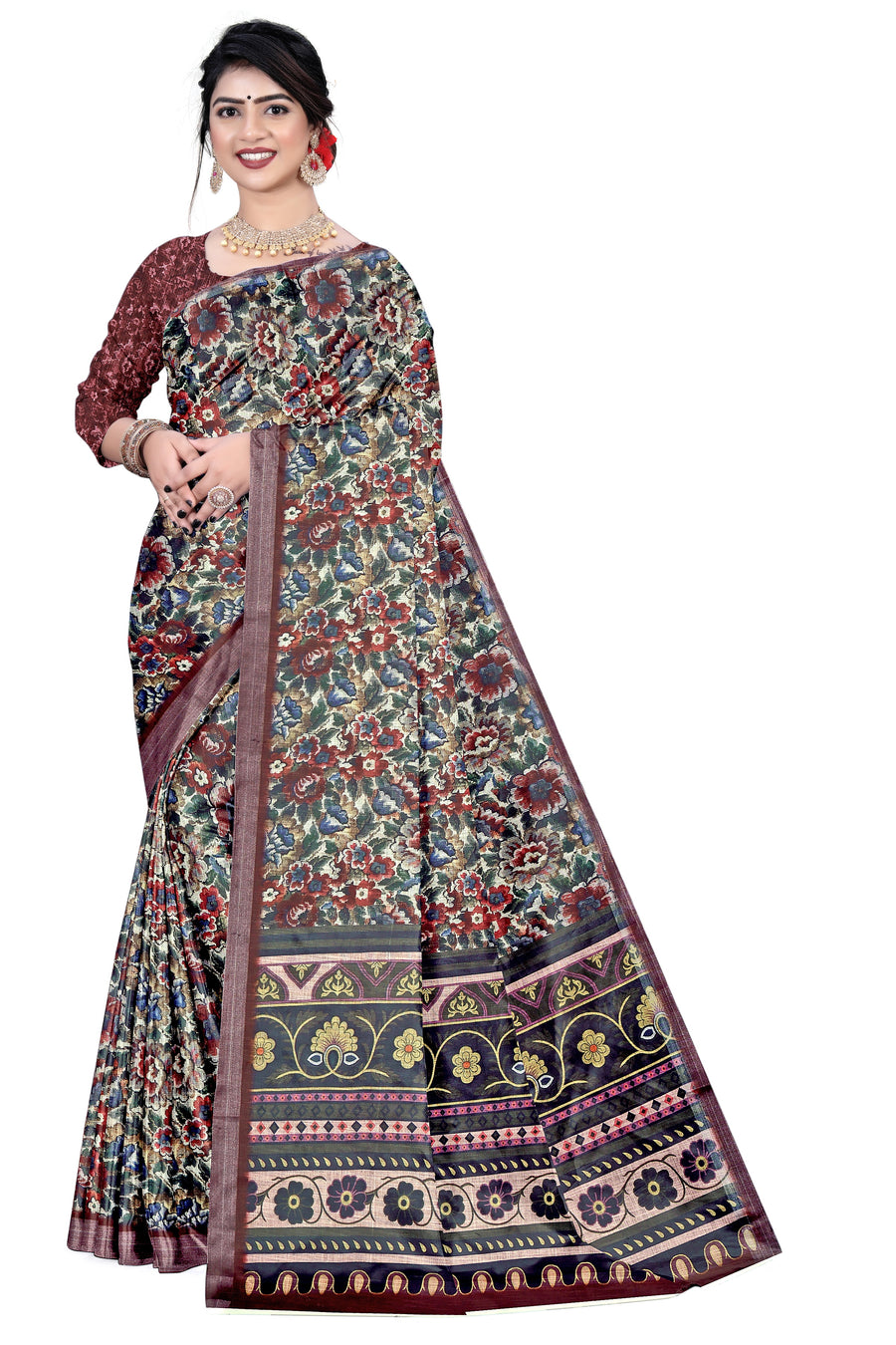 Women's Olive Paisley Printed Linen Blend Saree with Blue Border | Elegant Floral Ethnic Wear for Festive & Daily Use