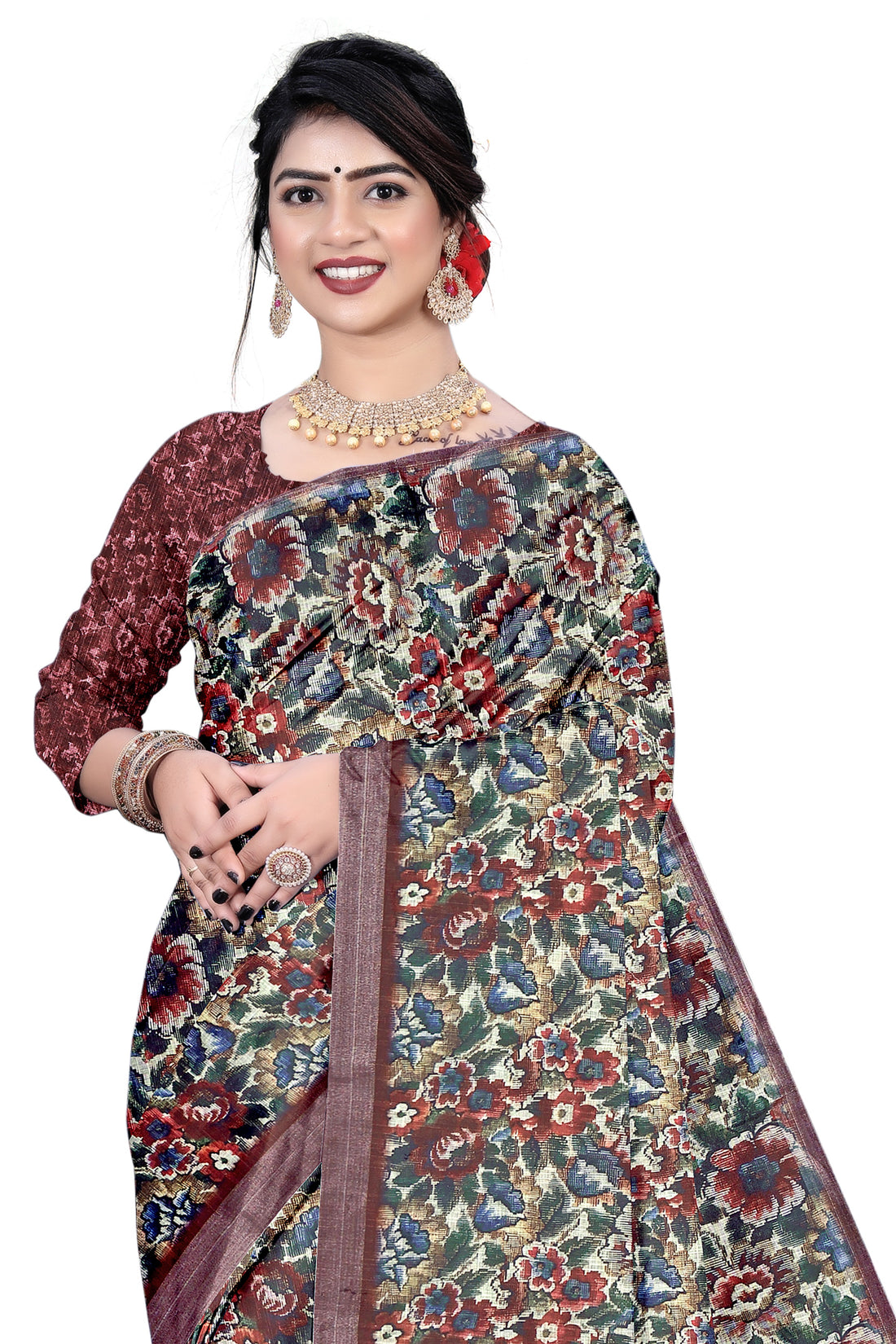 Women's Olive Paisley Printed Linen Blend Saree with Blue Border | Elegant Floral Ethnic Wear for Festive & Daily Use