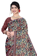 Women's Olive Paisley Printed Linen Blend Saree with Blue Border | Elegant Floral Ethnic Wear for Festive & Daily Use