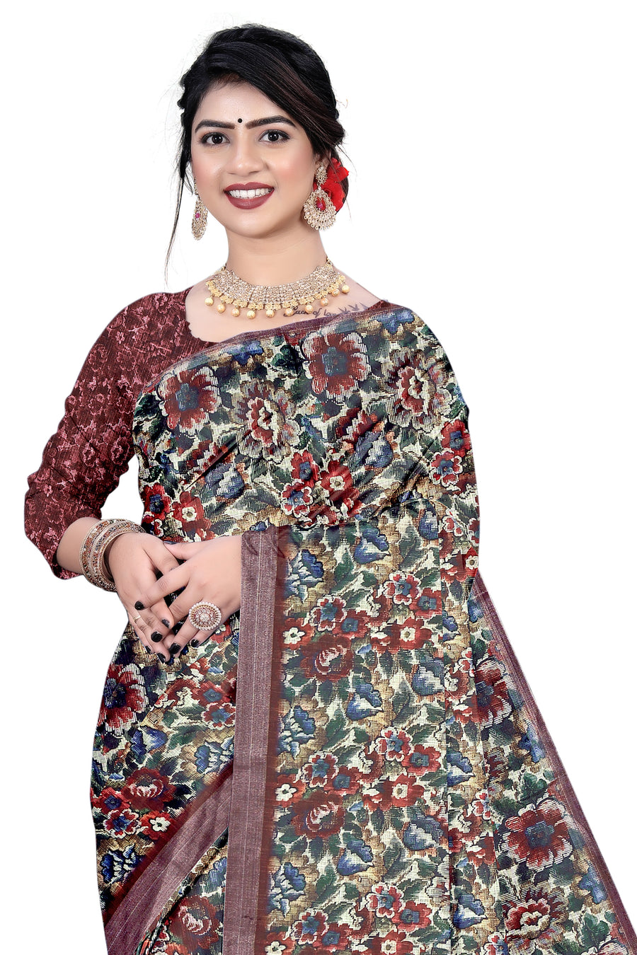 Women's Olive Paisley Printed Linen Blend Saree with Blue Border | Elegant Floral Ethnic Wear for Festive & Daily Use
