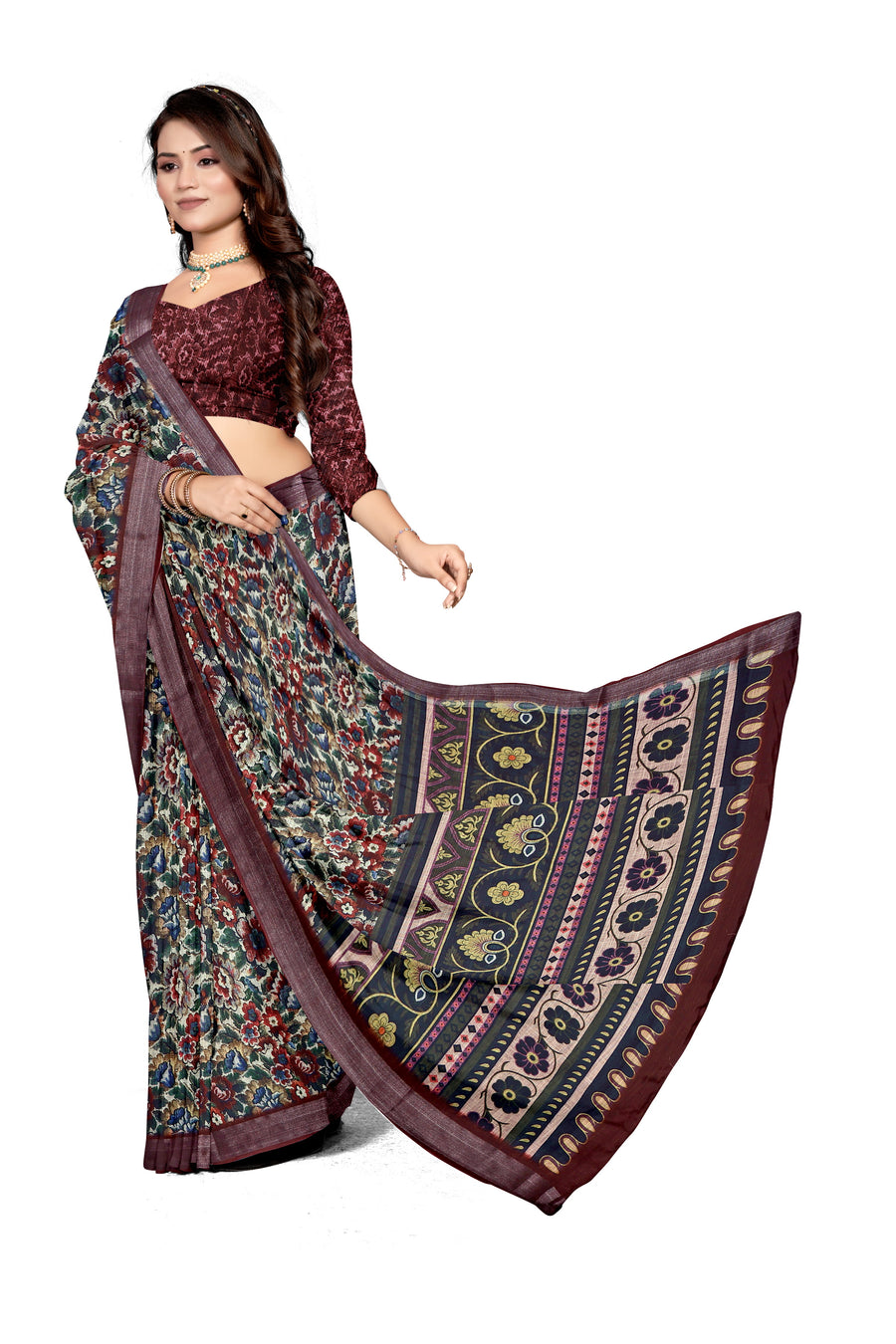 Women's Olive Paisley Printed Linen Blend Saree with Blue Border | Elegant Floral Ethnic Wear for Festive & Daily Use