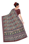Women's Olive Paisley Printed Linen Blend Saree with Blue Border | Elegant Floral Ethnic Wear for Festive & Daily Use