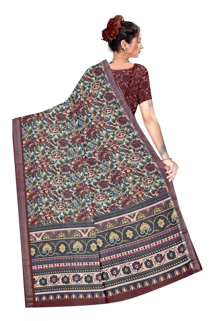 Women's Olive Paisley Printed Linen Blend Saree with Blue Border | Elegant Floral Ethnic Wear for Festive & Daily Use