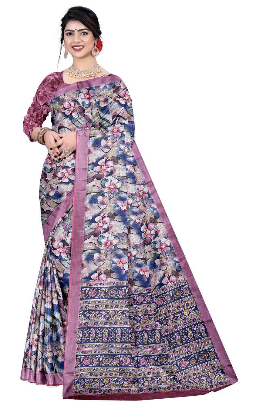 Women's Olive Paisley Printed Linen Blend Saree with Blue Border | Elegant Floral Ethnic Wear for Festive & Daily Use